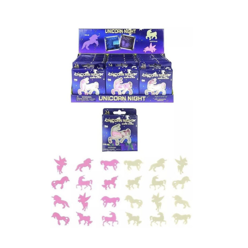 24 Unicorn Glow in the Dark Stick On Plastic Stickers 