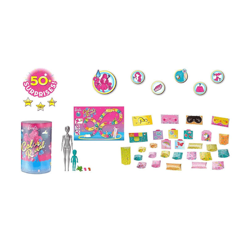 Mattel Barbie Colour Reveal Slumber Party Dolls & 50 Accessories Pack