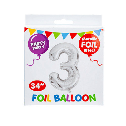 34" Silver Metallic Foil Number 3 Balloon 